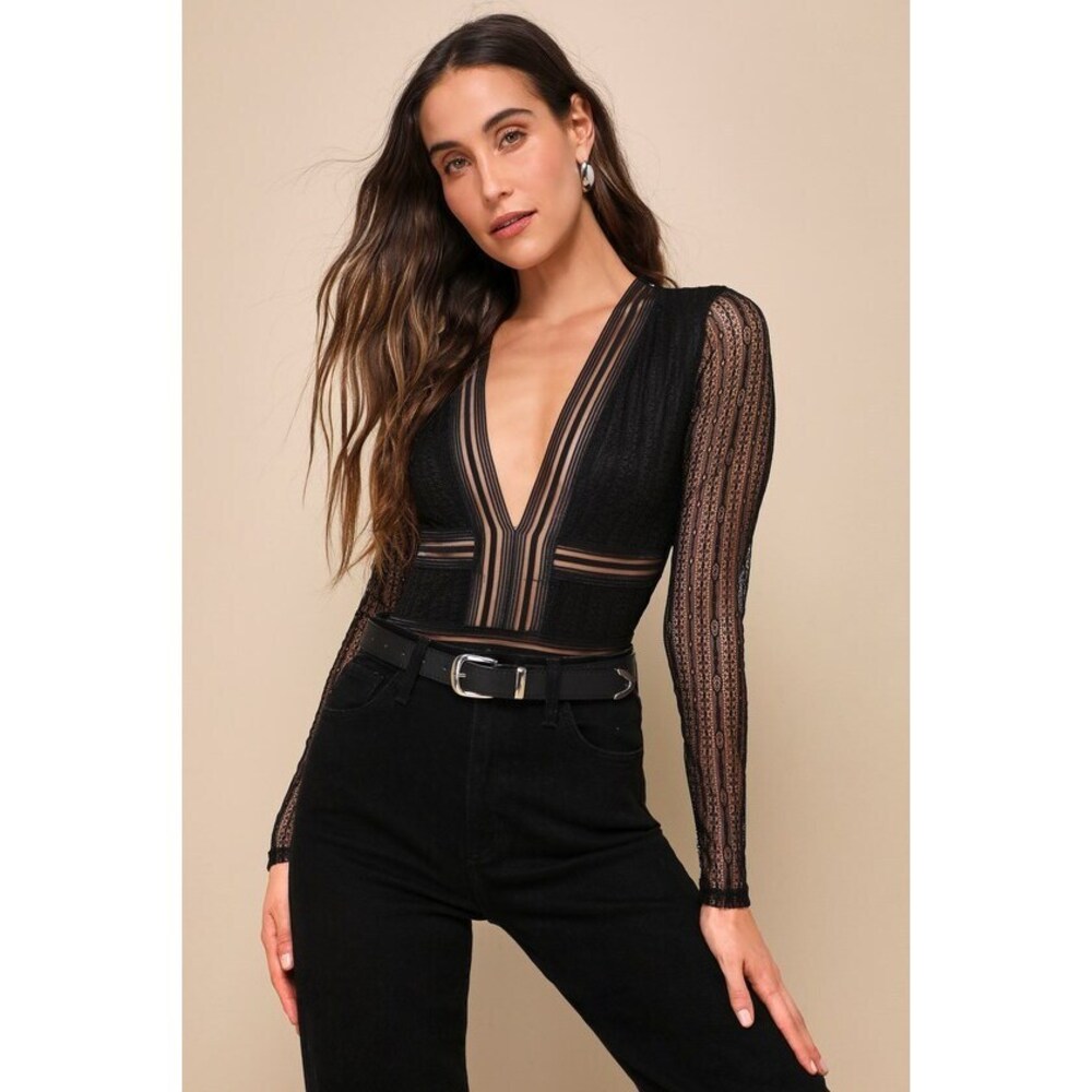 Lulus Casita Black Sheer Lace Long Sleeve Bodysuit - Size M